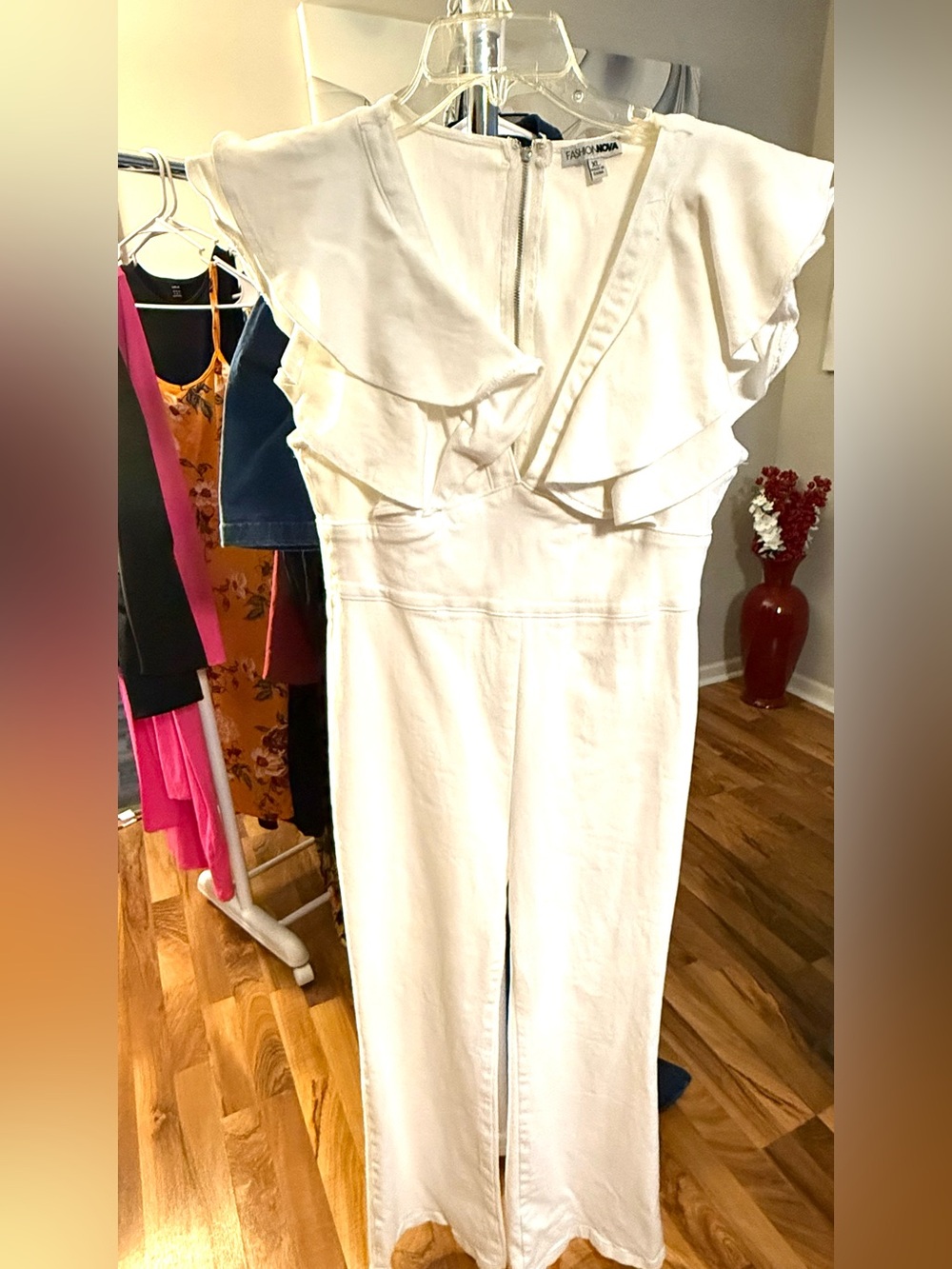Womens White Ruffle V-Neck Jumpsuit